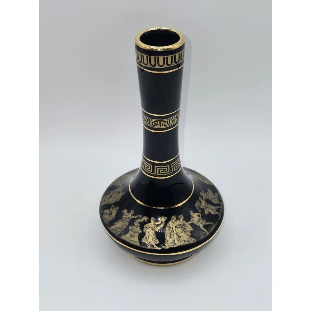 Greek Porcelain Vase‎ Black Gold 24K Gilt Classical Greek Scene Hand Made Greece